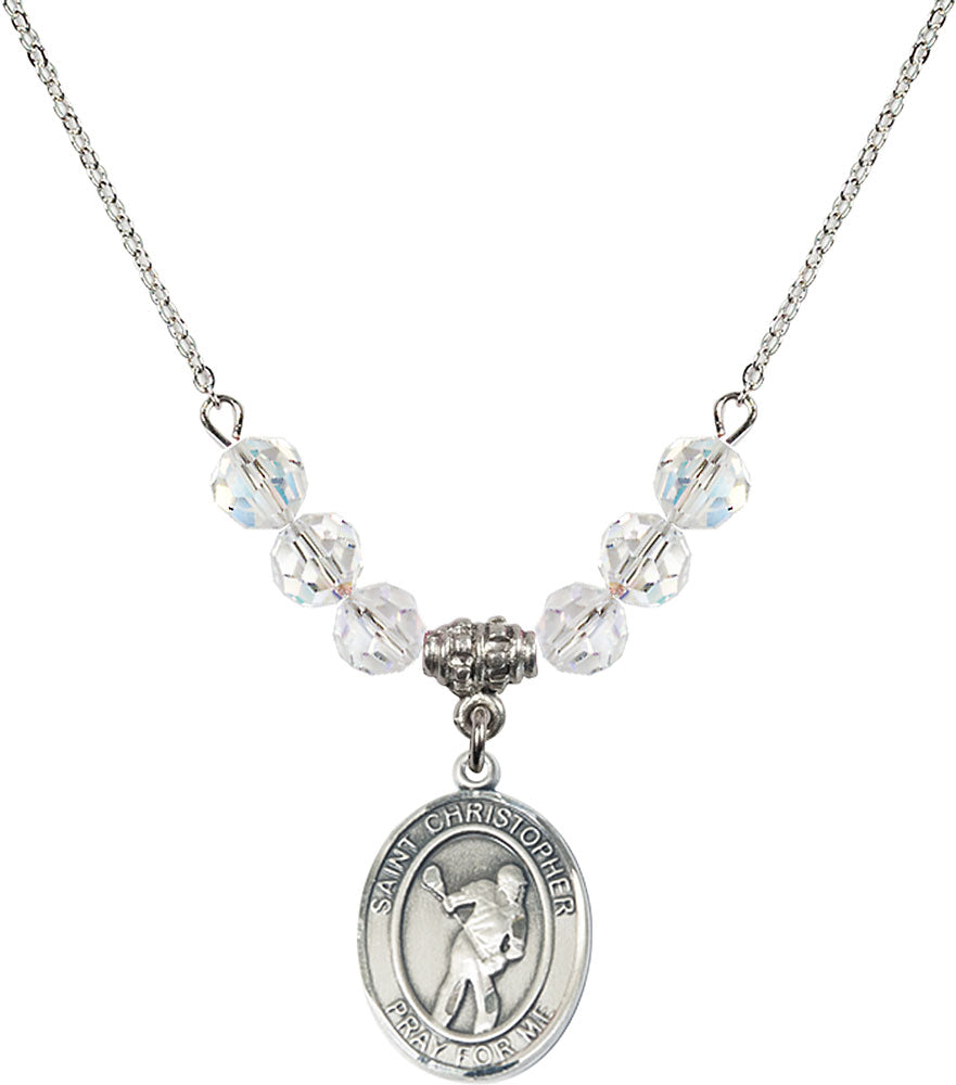 Sterling Silver Saint Christopher/Lacrosse Birthstone Necklace with Crystal Beads - 8516