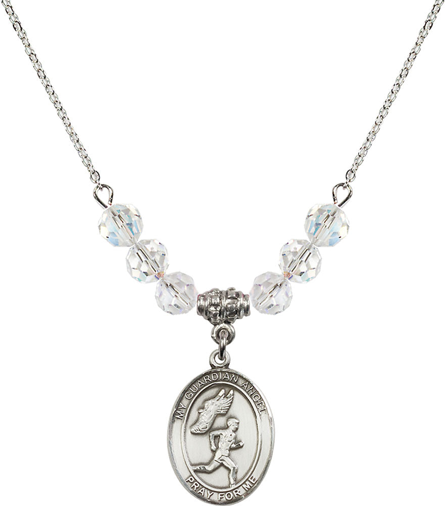 Sterling Silver Guardian Angel/Track&Field-Men Birthstone Necklace with Crystal Beads - 8709
