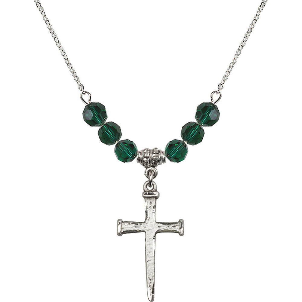 Sterling Silver Nail Cross Birthstone Necklace with Emerald Beads - 0085
