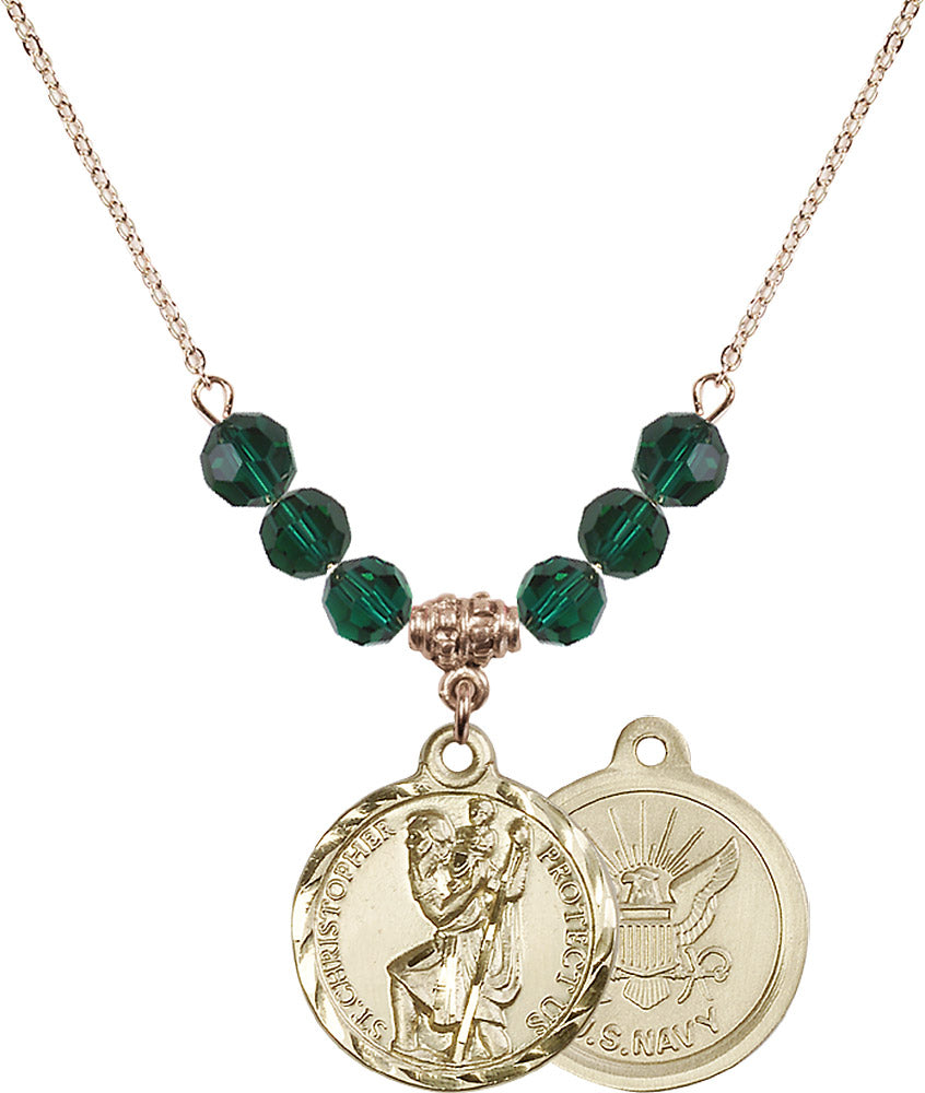 14kt Gold Filled Saint Christopher / Navy Birthstone Necklace with Emerald Beads - 0192