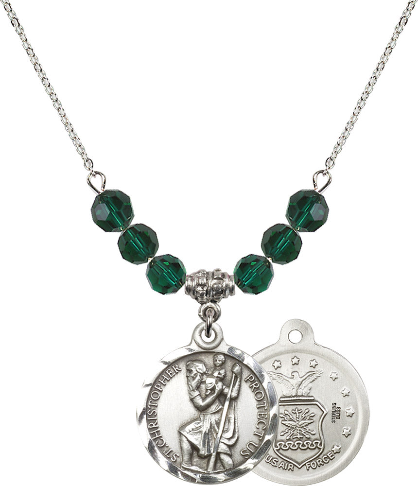 Sterling Silver Saint Christopher / Air Force Birthstone Necklace with Emerald Beads - 0192