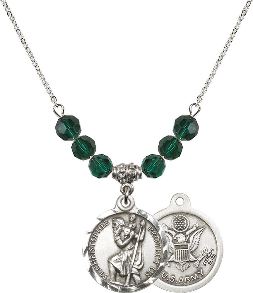 Sterling Silver Saint Christopher / Army Birthstone Necklace with Emerald Beads - 0192