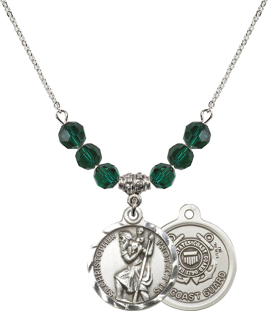 Sterling Silver Saint Christopher / Coast Guard Birthstone Necklace with Emerald Beads - 0192
