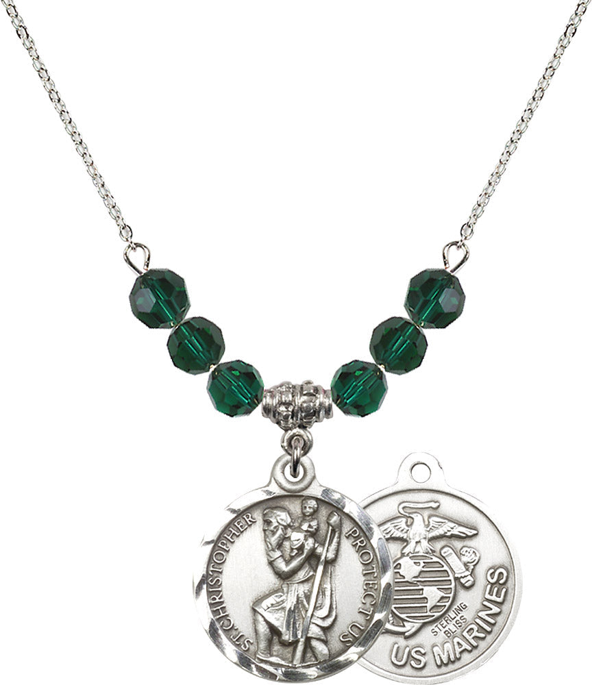 Sterling Silver Saint Christopher / Marines Birthstone Necklace with Emerald Beads - 0192