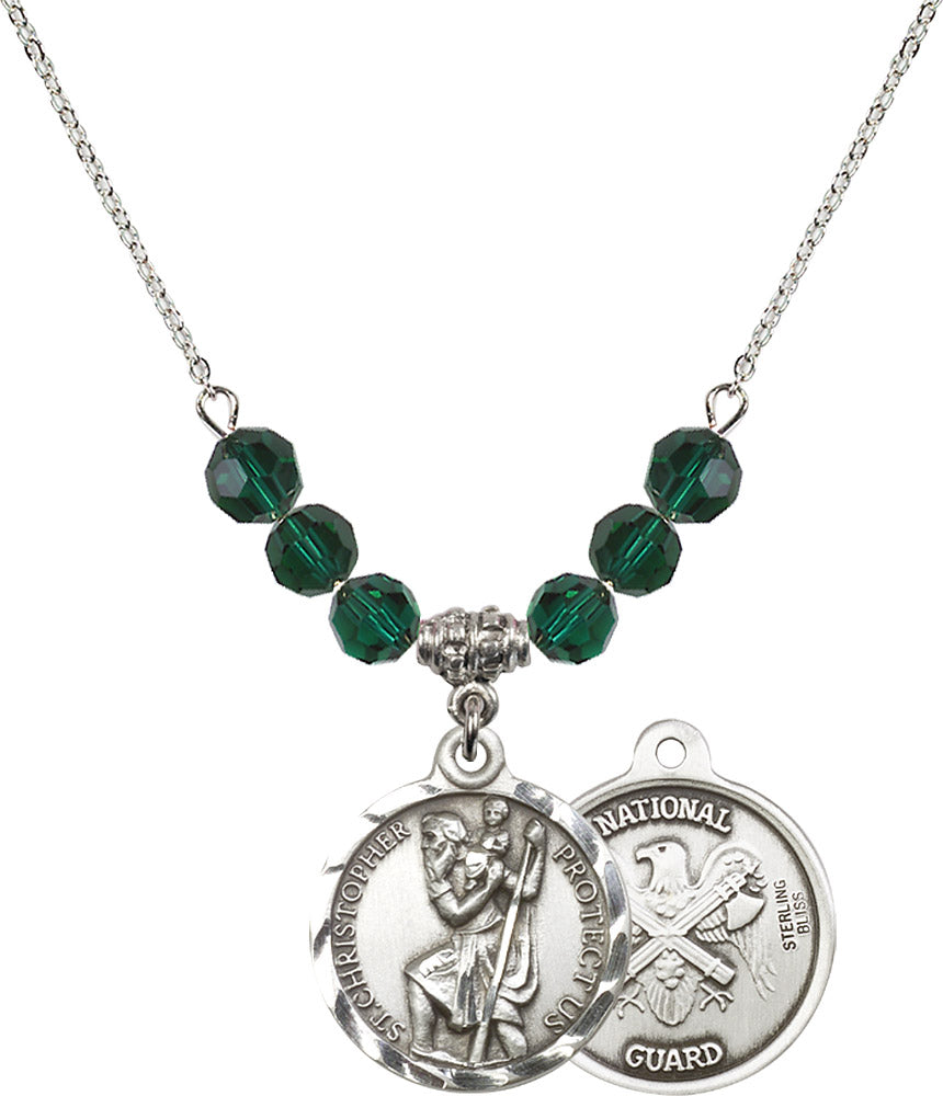 Sterling Silver Saint Christopher / Nat'l Guard Birthstone Necklace with Emerald Beads - 0192