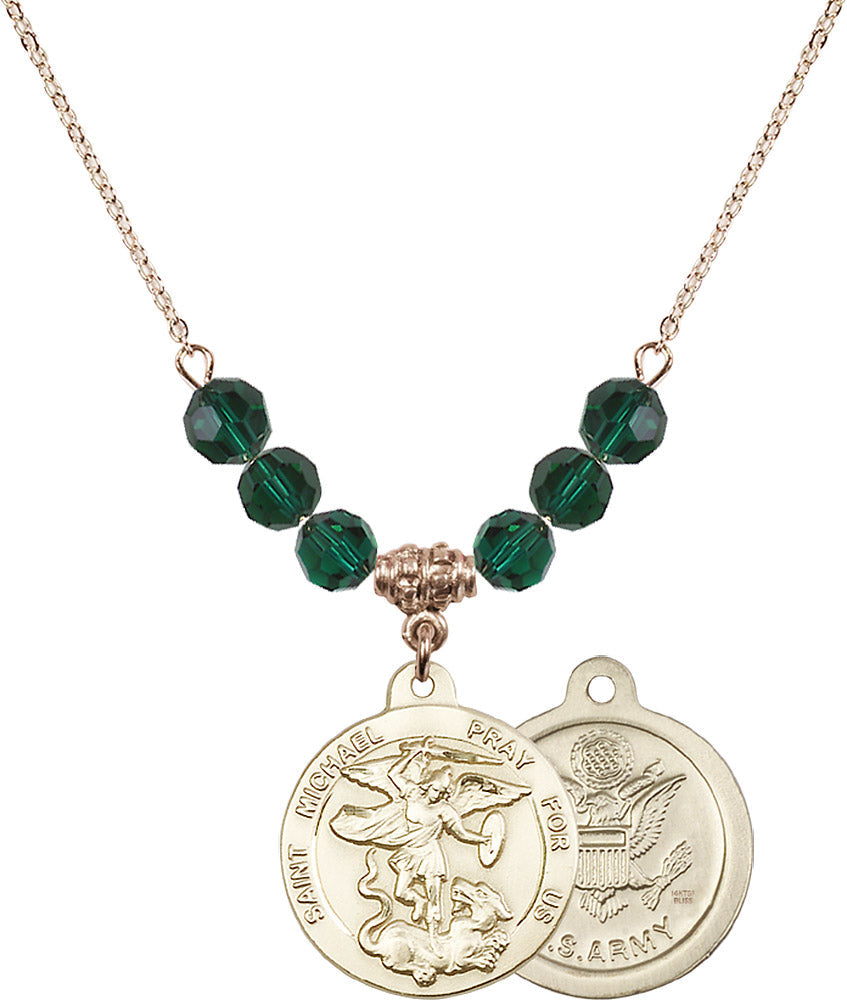14kt Gold Filled Saint Michael / Army Birthstone Necklace with Emerald Beads - 0342