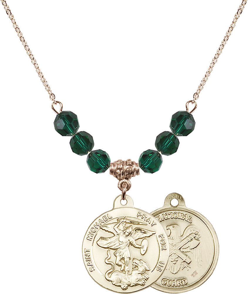 14kt Gold Filled Saint Michael / Nat'l Guard Birthstone Necklace with Emerald Beads - 0342