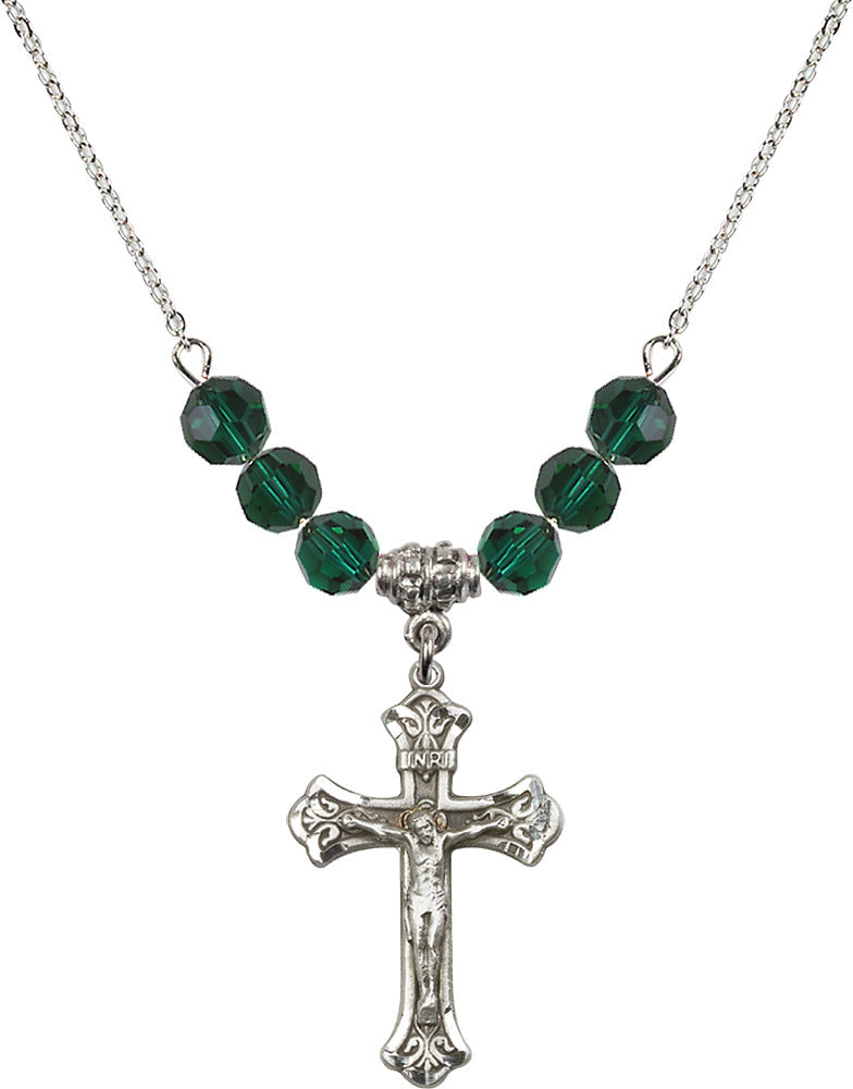 Sterling Silver Crucifix Birthstone Necklace with Emerald Beads - 0622