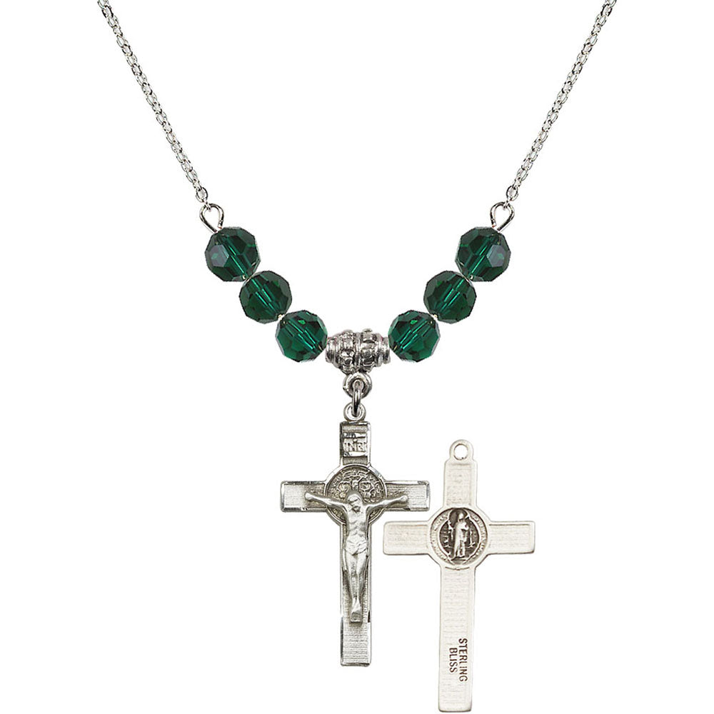 Sterling Silver Saint Benedict Crucifix Birthstone Necklace with Emerald Beads - 0625