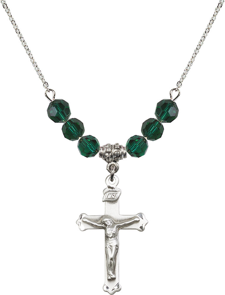 Sterling Silver Crucifix Birthstone Necklace with Emerald Beads - 0651