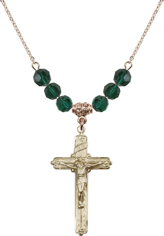 14kt Gold Filled Crucifix Birthstone Necklace with Emerald Beads - 0655