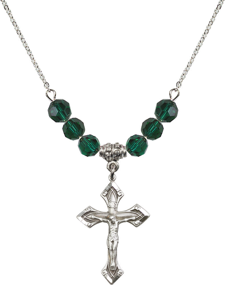 Sterling Silver Crucifix Birthstone Necklace with Emerald Beads - 0663