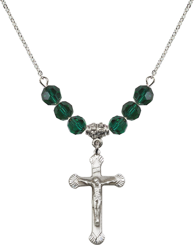 Sterling Silver Crucifix Birthstone Necklace with Emerald Beads - 0664