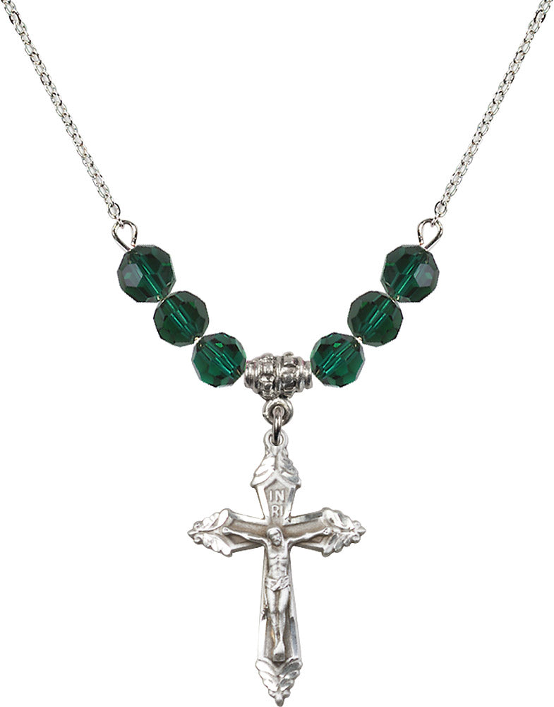 Sterling Silver Crucifix Birthstone Necklace with Emerald Beads - 0665