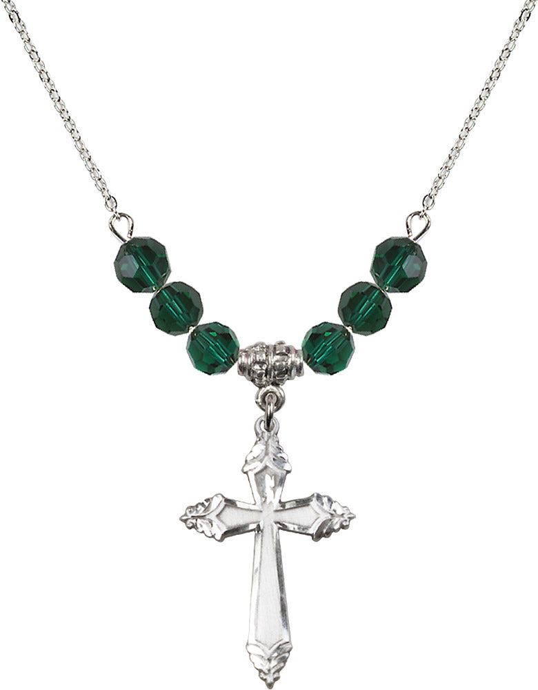 Sterling Silver Cross Birthstone Necklace with Emerald Beads - 0665