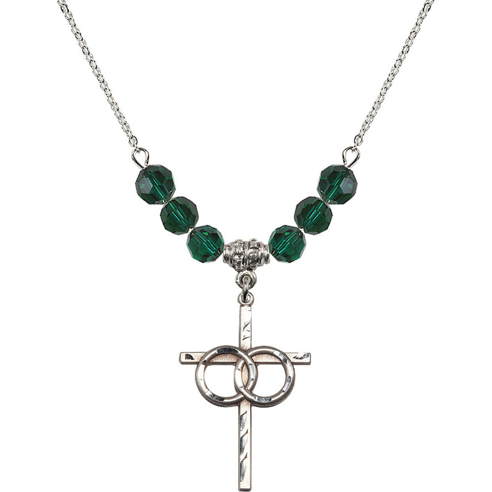 Sterling Silver Wedding Rings Cross Birthstone Necklace with Emerald Beads - 0671