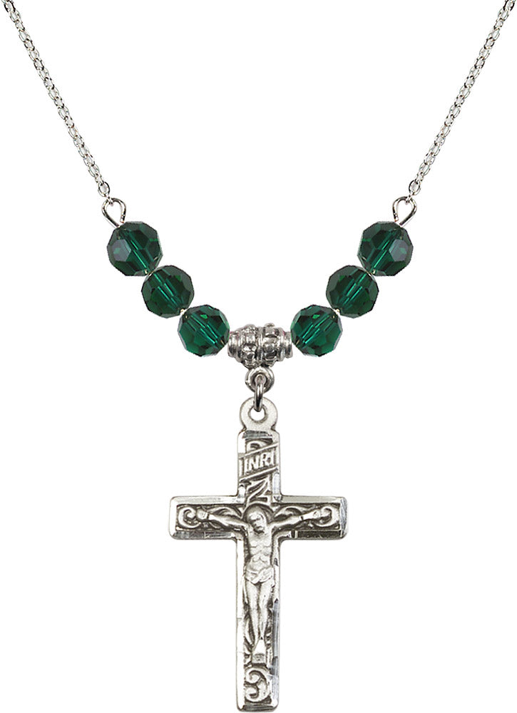 Sterling Silver Crucifix Birthstone Necklace with Emerald Beads - 0674