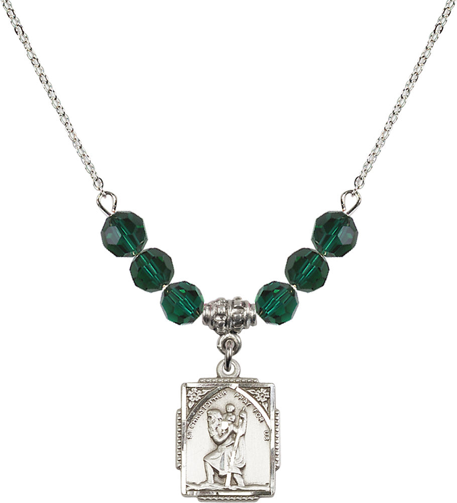 Sterling Silver Saint Christopher Birthstone Necklace with Emerald Beads - 0804