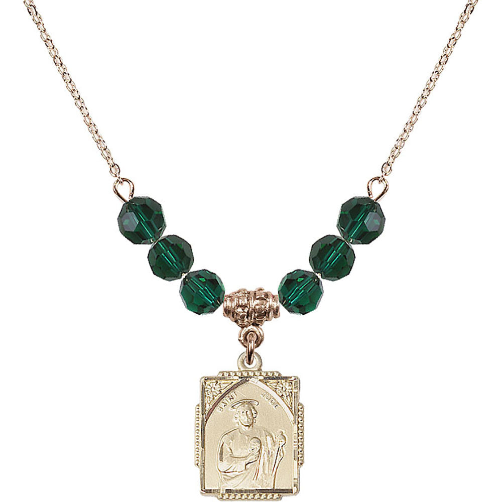 14kt Gold Filled Saint Jude Birthstone Necklace with Emerald Beads - 0804