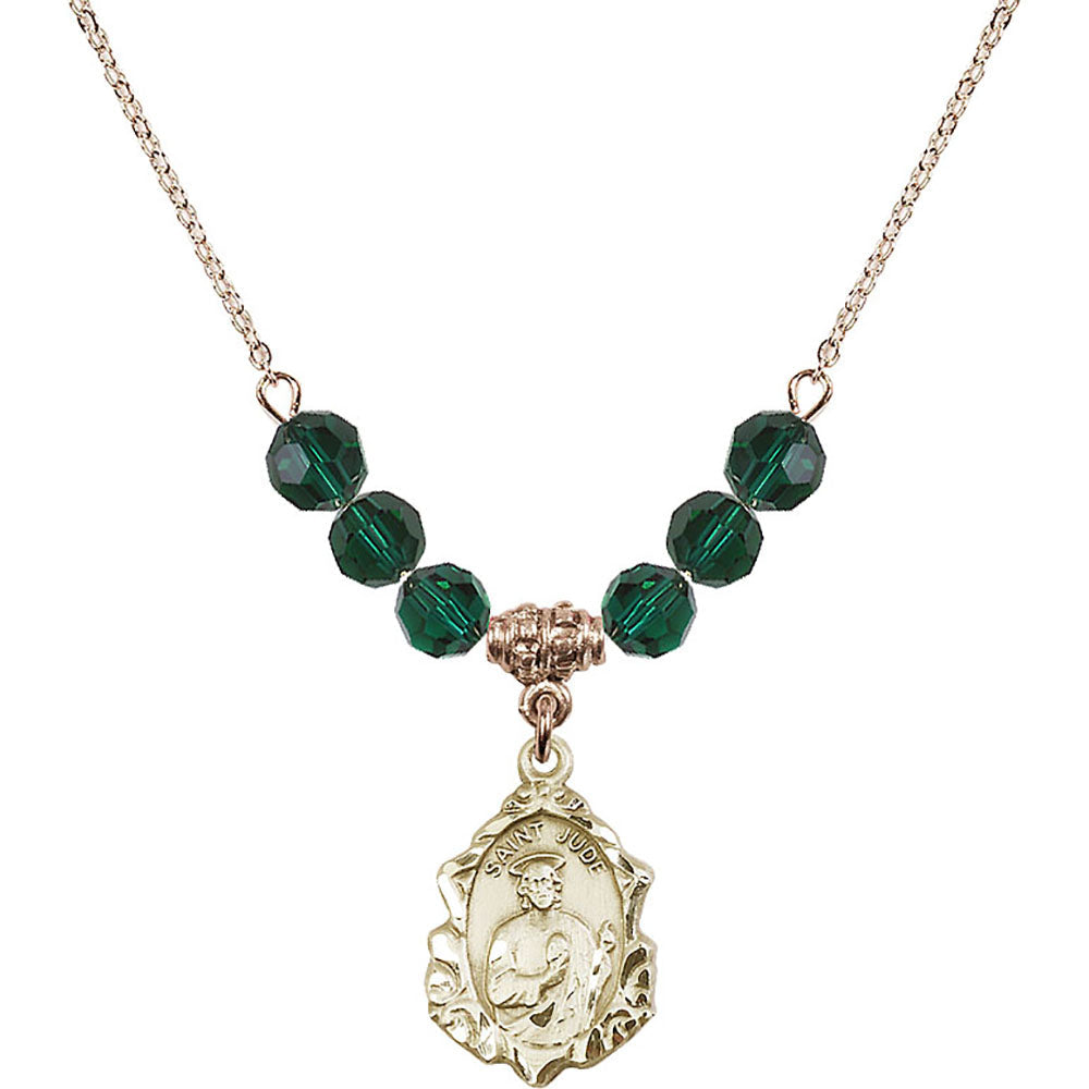 14kt Gold Filled Saint Jude Birthstone Necklace with Emerald Beads - 0822