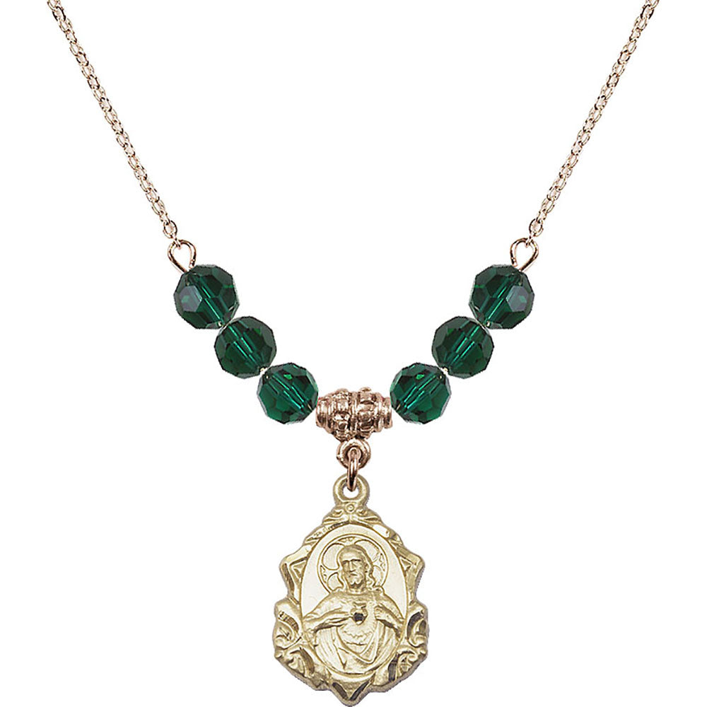 14kt Gold Filled Scapular Birthstone Necklace with Emerald Beads - 0822