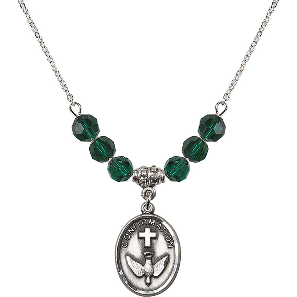 Sterling Silver Confirmation Birthstone Necklace with Emerald Beads - 0873