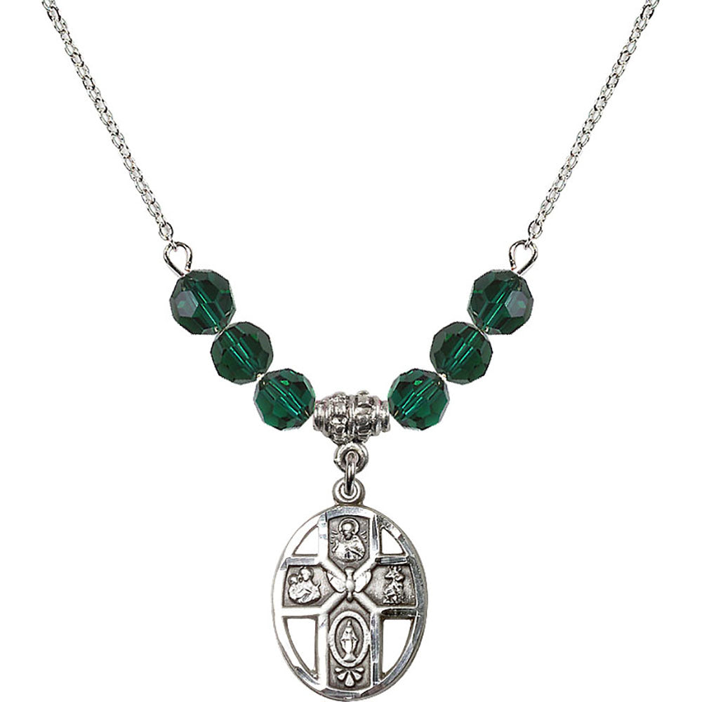 Sterling Silver 5-Way / Holy Spirit Birthstone Necklace with Emerald Beads - 0880