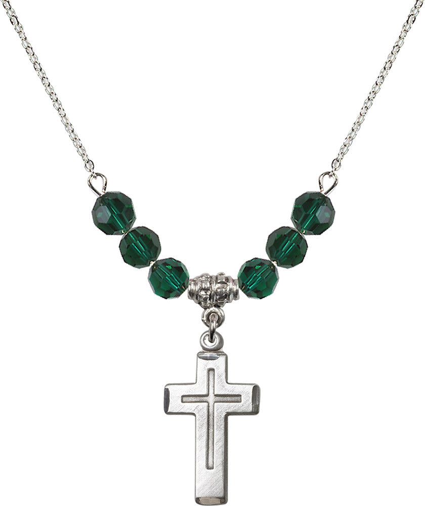 Sterling Silver Cross Birthstone Necklace with Emerald Beads - 1529