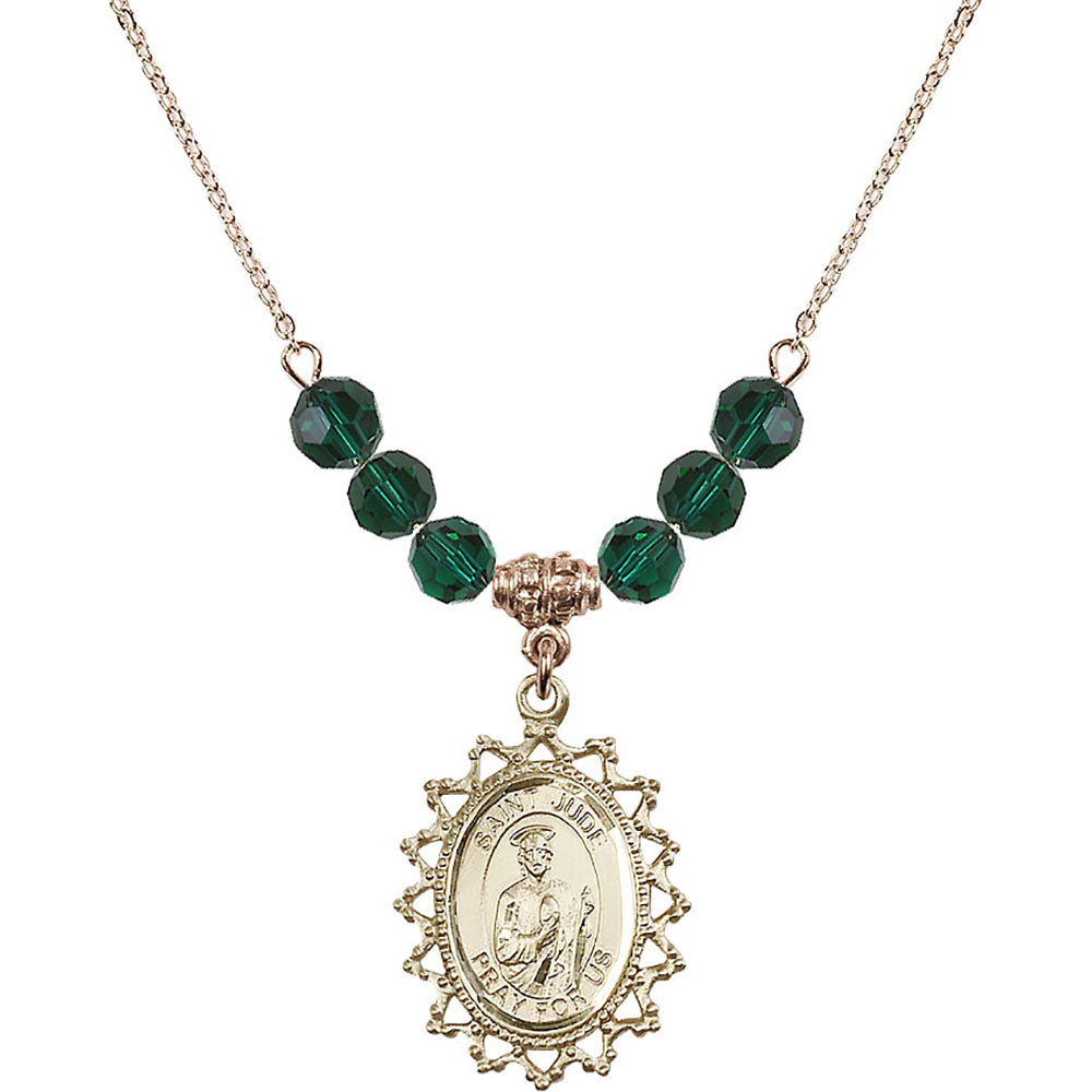14kt Gold Filled Saint Jude Birthstone Necklace with Emerald Beads - 1619