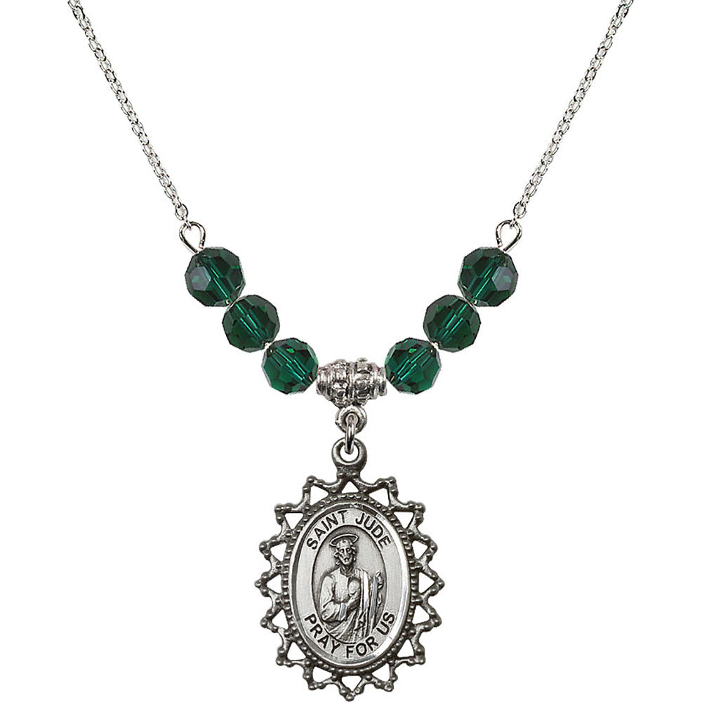 Sterling Silver Saint Jude Birthstone Necklace with Emerald Beads - 1619