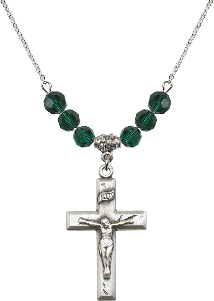 Sterling Silver Crucifix Birthstone Necklace with Emerald Beads - 2186