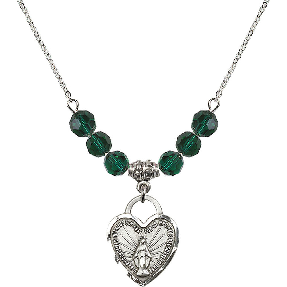 Sterling Silver Miraculous Heart Birthstone Necklace with Emerald Beads - 3201