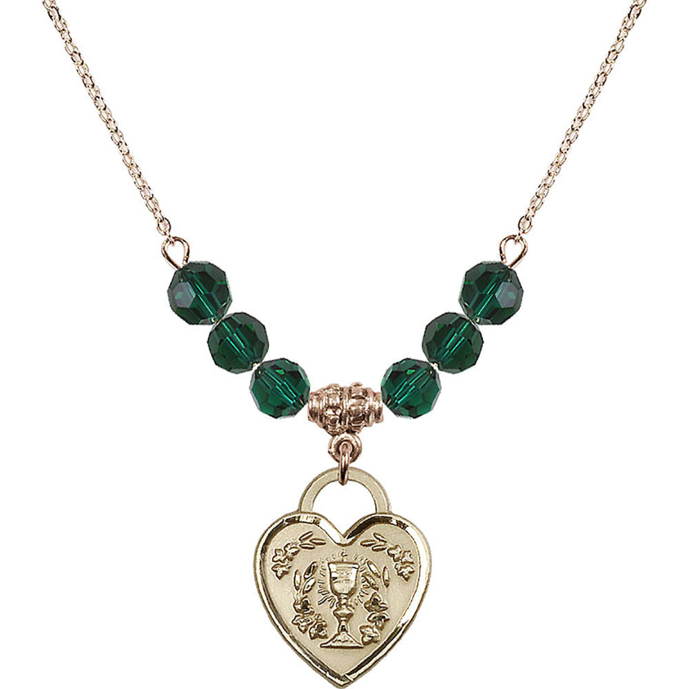 14kt Gold Filled Communion Heart Birthstone Necklace with Emerald Beads - 3204