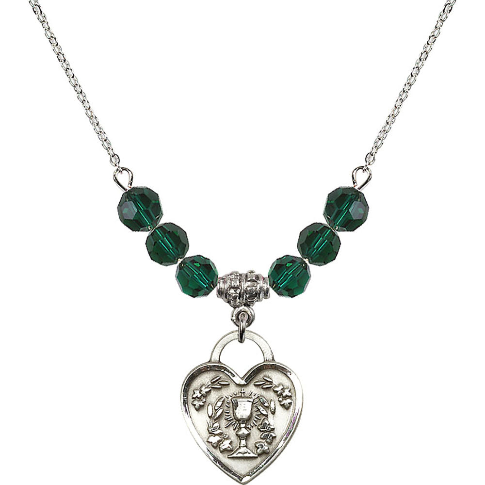 Sterling Silver Communion Heart Birthstone Necklace with Emerald Beads - 3204