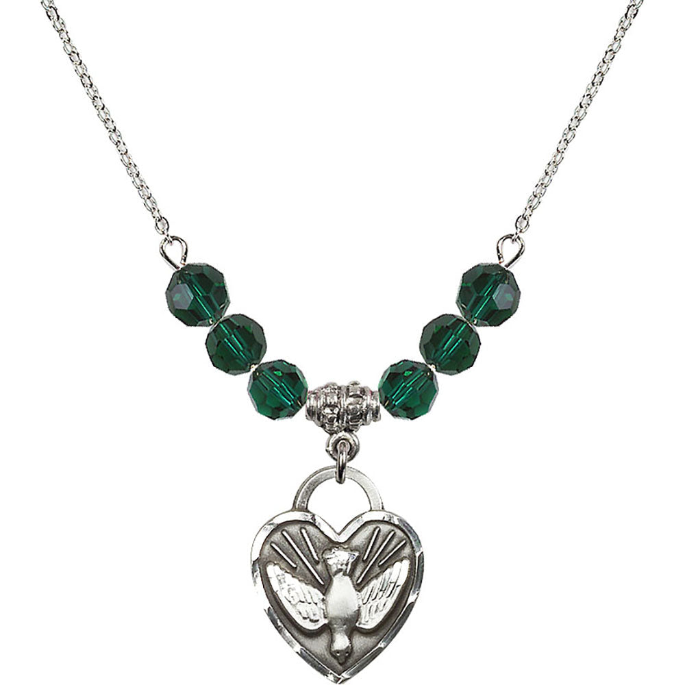 Sterling Silver Confirmation Heart Birthstone Necklace with Emerald Beads - 3205