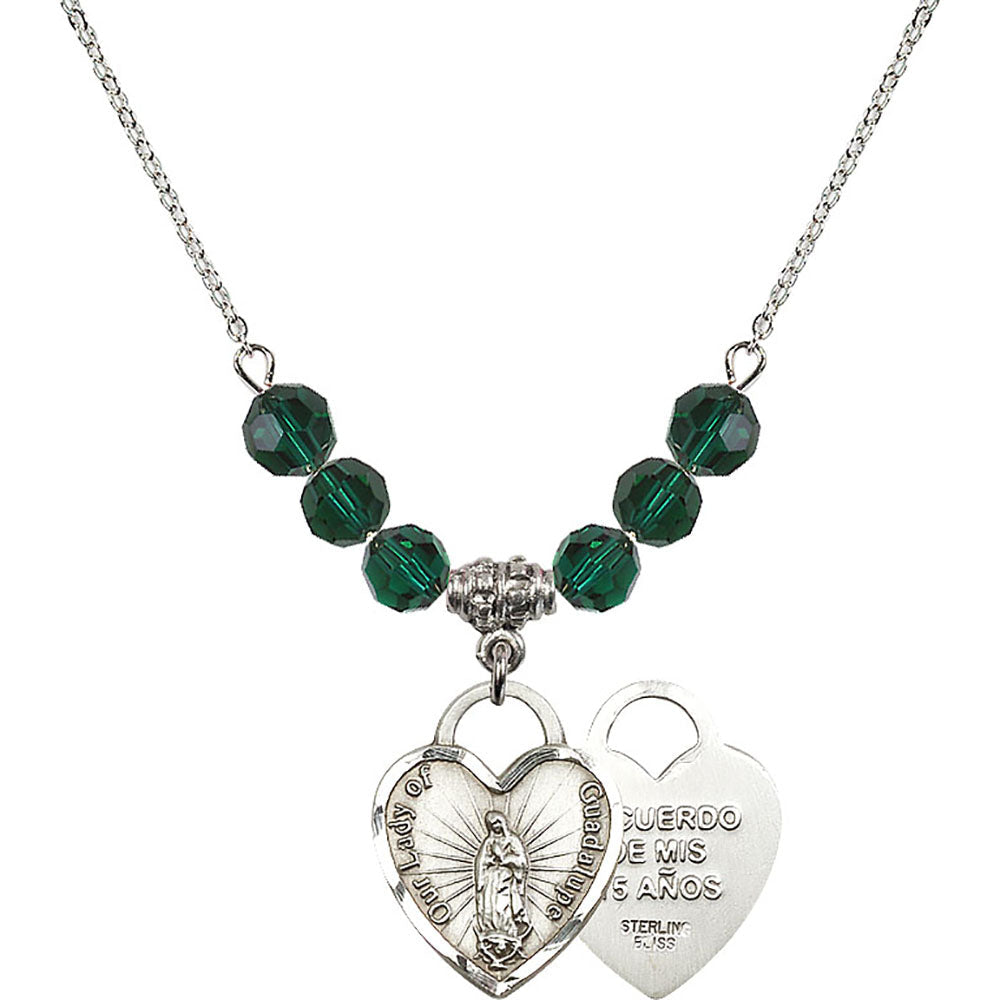 Sterling Silver Our Lady of Guadalupe Heart / Recuerdo Birthstone Necklace with Emerald Beads - 3209