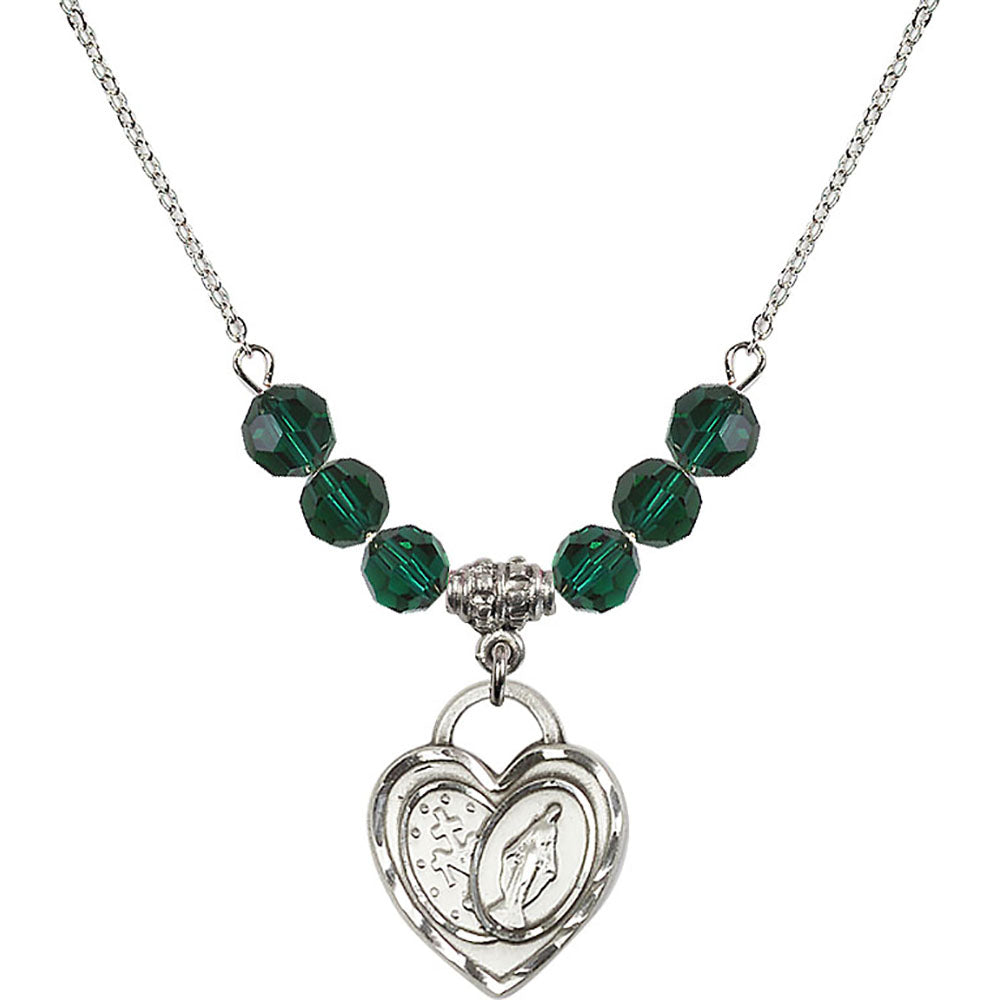 Sterling Silver Miraculous Heart Birthstone Necklace with Emerald Beads - 3212