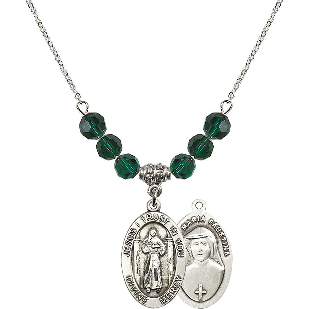 Sterling Silver Divine Mercy Birthstone Necklace with Emerald Beads - 4123