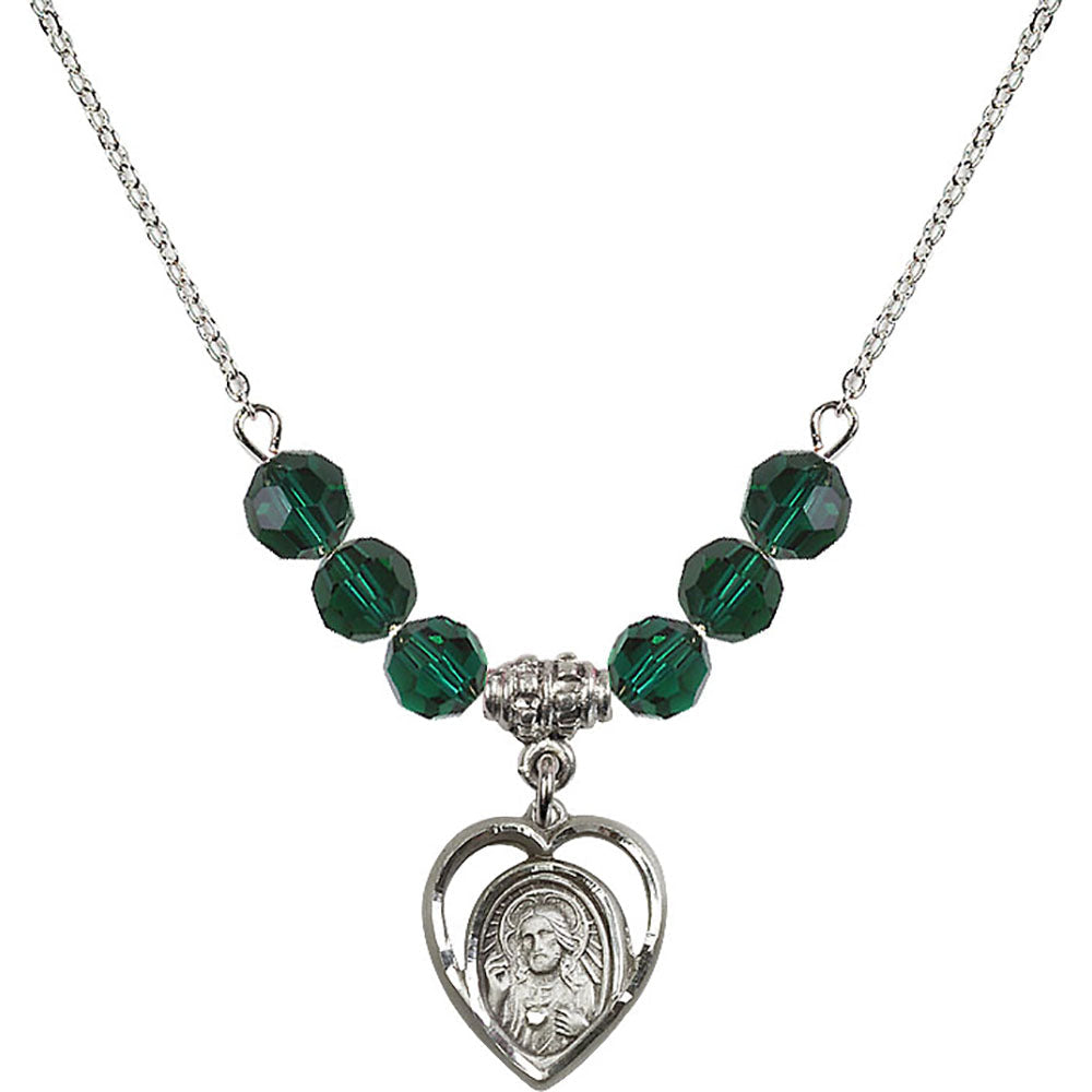 Sterling Silver Scapular Birthstone Necklace with Emerald Beads - 4126