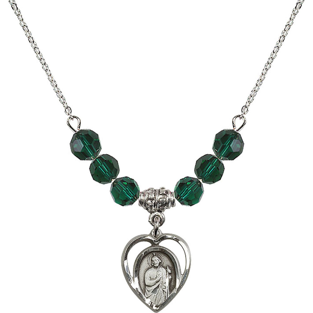 Sterling Silver Saint Jude Birthstone Necklace with Emerald Beads - 4128