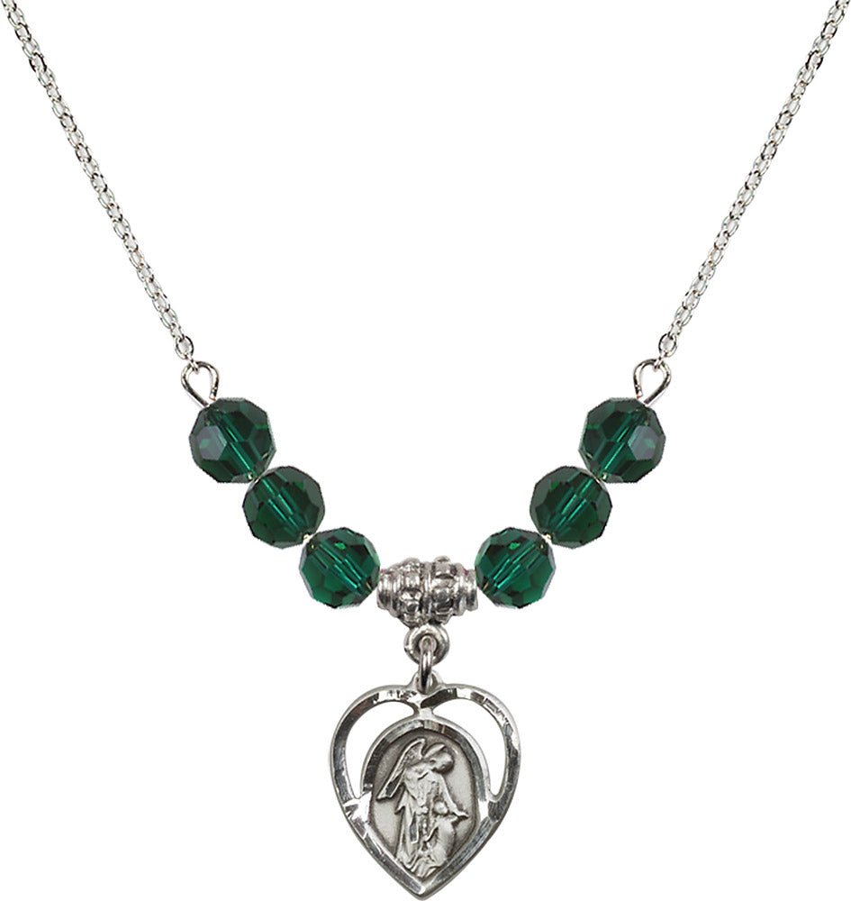 Sterling Silver Guardian Angel Birthstone Necklace with Emerald Beads - 4129