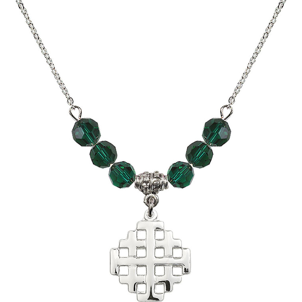 Sterling Silver Jerusalem Cross Birthstone Necklace with Emerald Beads - 4139