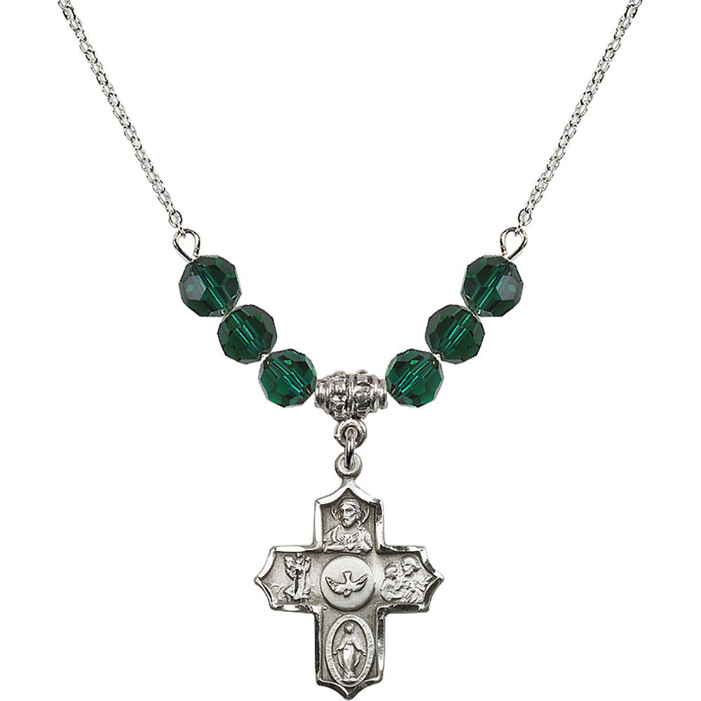 Sterling Silver 5-Way Birthstone Necklace with Emerald Beads - 4255