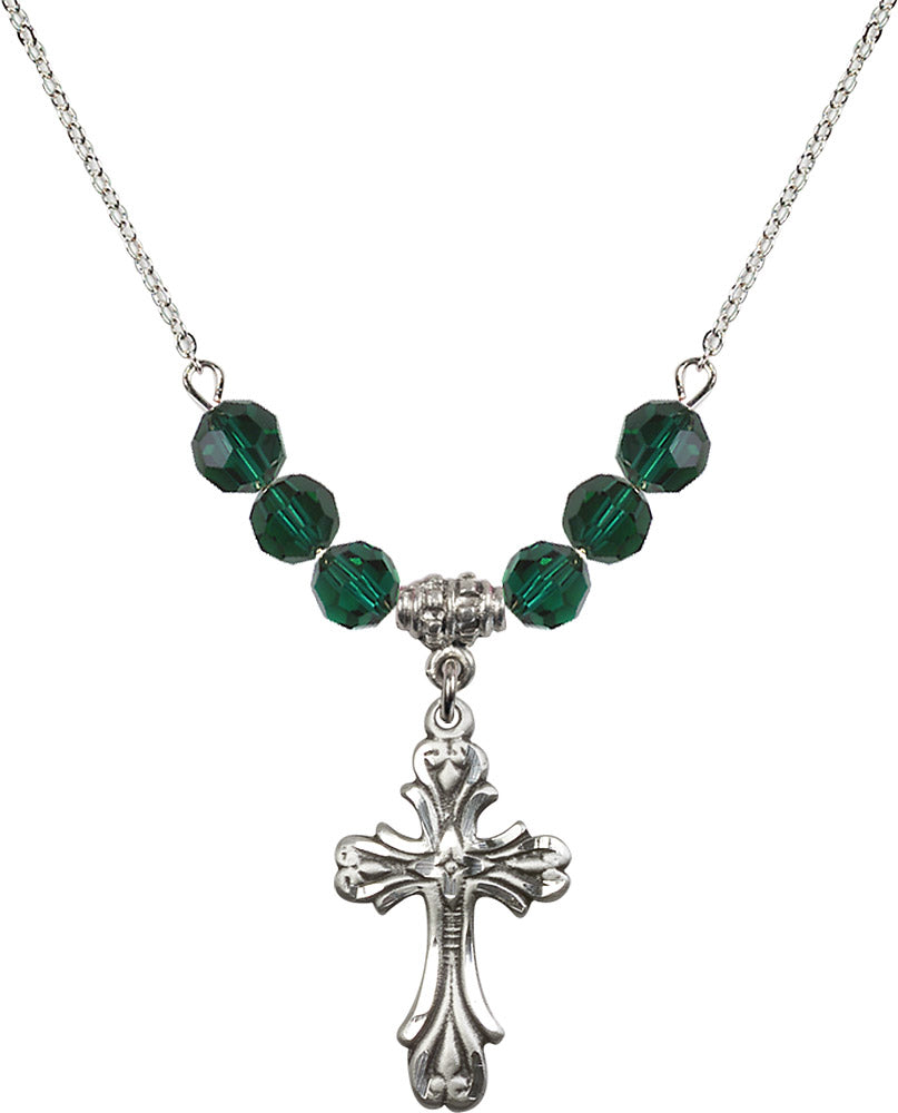 Sterling Silver Cross Birthstone Necklace with Emerald Beads - 5419