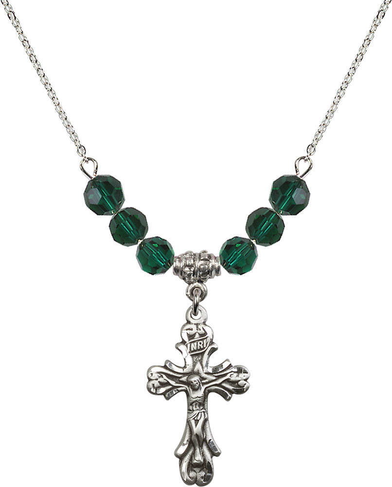 Sterling Silver Crucifix Birthstone Necklace with Emerald Beads - 5421
