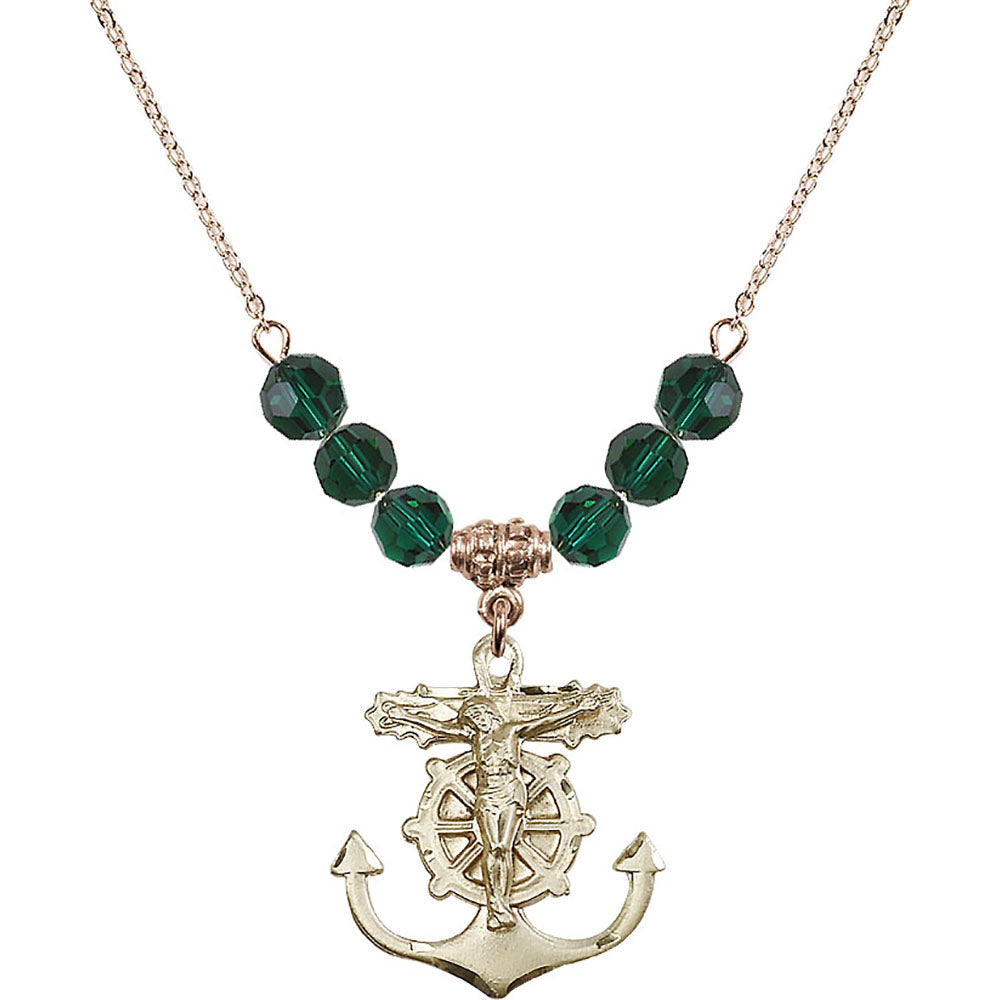 14kt Gold Filled Anchor Crucifix Birthstone Necklace with Emerald Beads - 5685