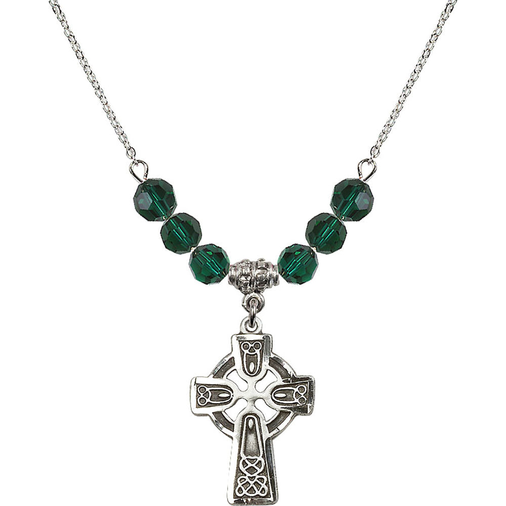 Sterling Silver Celtic Cross Birthstone Necklace with Emerald Beads - 5689