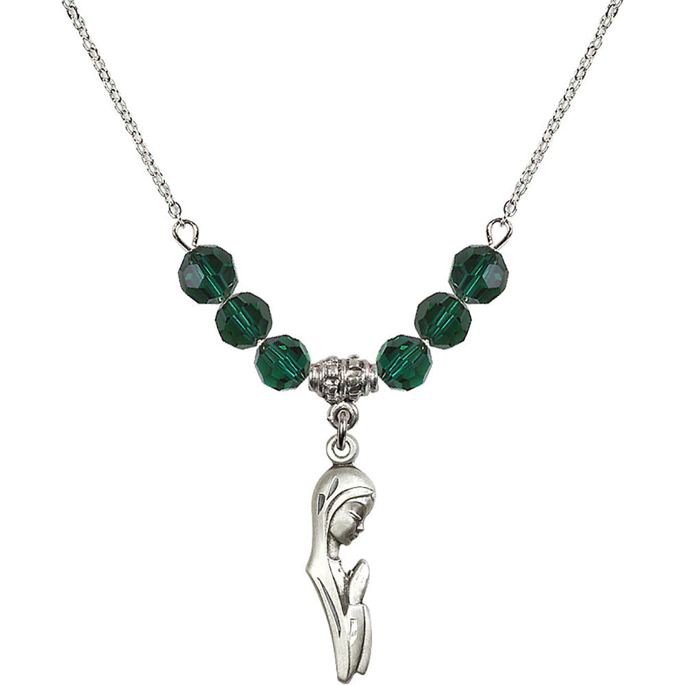 Sterling Silver Madonna Birthstone Necklace with Emerald Beads - 5907