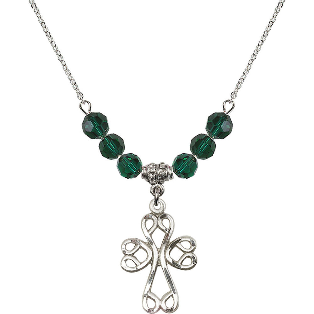 Sterling Silver Scroll Cross Birthstone Necklace with Emerald Beads - 5998