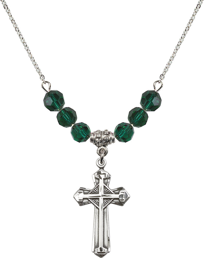 Sterling Silver Cross Birthstone Necklace with Emerald Beads - 6012